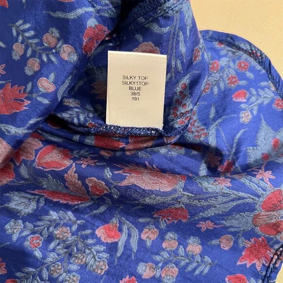 Anthropologie Antik Batik Blue Floral Silk Ruffle Cap Sleeve Blouse Size Small - Picture 12 of 15
